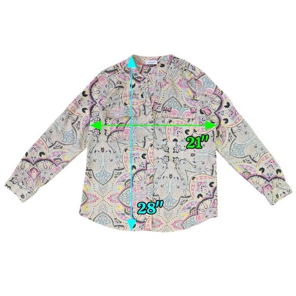 Calvin Klein Multicolor Abstract Paisley Roll Tab Sleeve Button-Up Shirt Boho - Picture 3 of 8